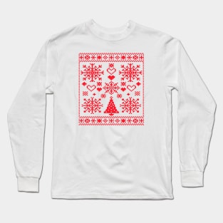 Christmas Lover Cross Pattern Sampler Artistic Design Red Long Sleeve T-Shirt